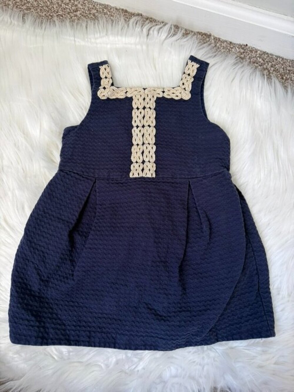 Janie and Jack Geo Trim Jacquard Dress Navy Blue Baby Girls 18-24M